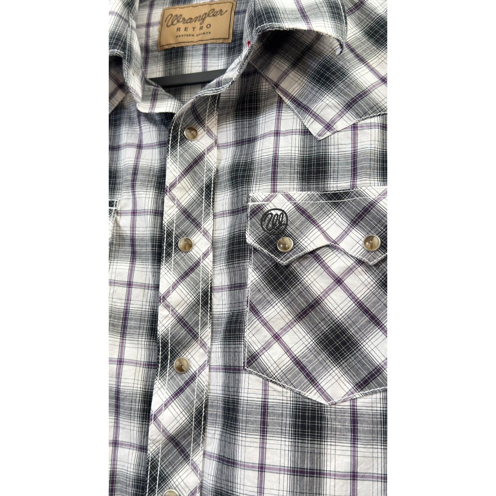 Wrangler Retro Western Shirt Black White Purple Plaid Pearl Snaps Men L - Picture 2 of 10
